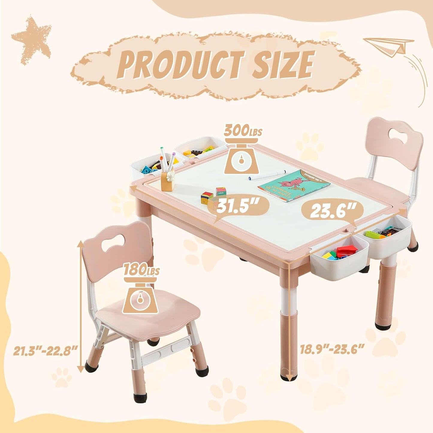 Multi Functional Kids Table and 2 Chairs Set, Graffiti & Building Blocks Double-Sided Tabletop, Toddler Play Table with Drawers, Large Storage Space, Gift for Boys/Girls, Pink