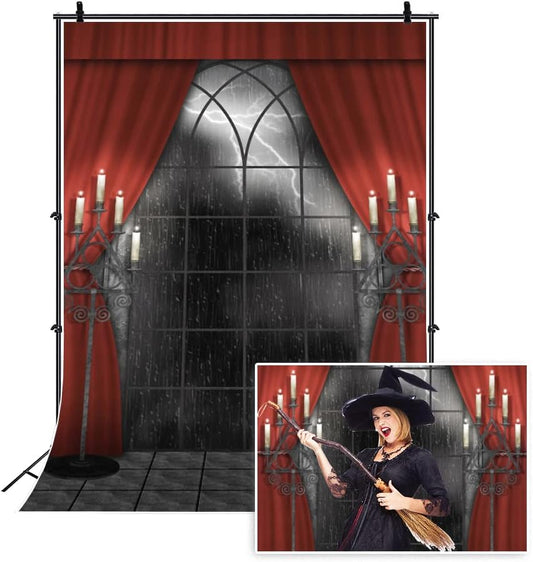Renaiss 8x10ft Vintage Gothic Window Backdrop Red Curtain Candlestick Black Floor Lightning Stormy Sky Vampire Medieval Castle Photography Background Halloween Dress Up Party Decors Photo Booth Props