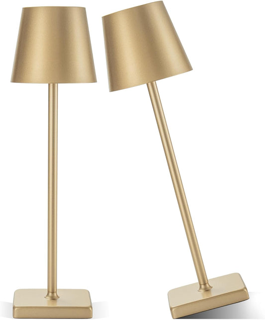 HASUN 2 Pack Rechargeable Table Lamp, LED Cordless Desk Lamp, 5200mAh Battery Operated Table Light, Aluminum Shell, 3 Color Stepless Dimming Up Waterproof for Coffee Table/Indoor/Outdoor (Gold)