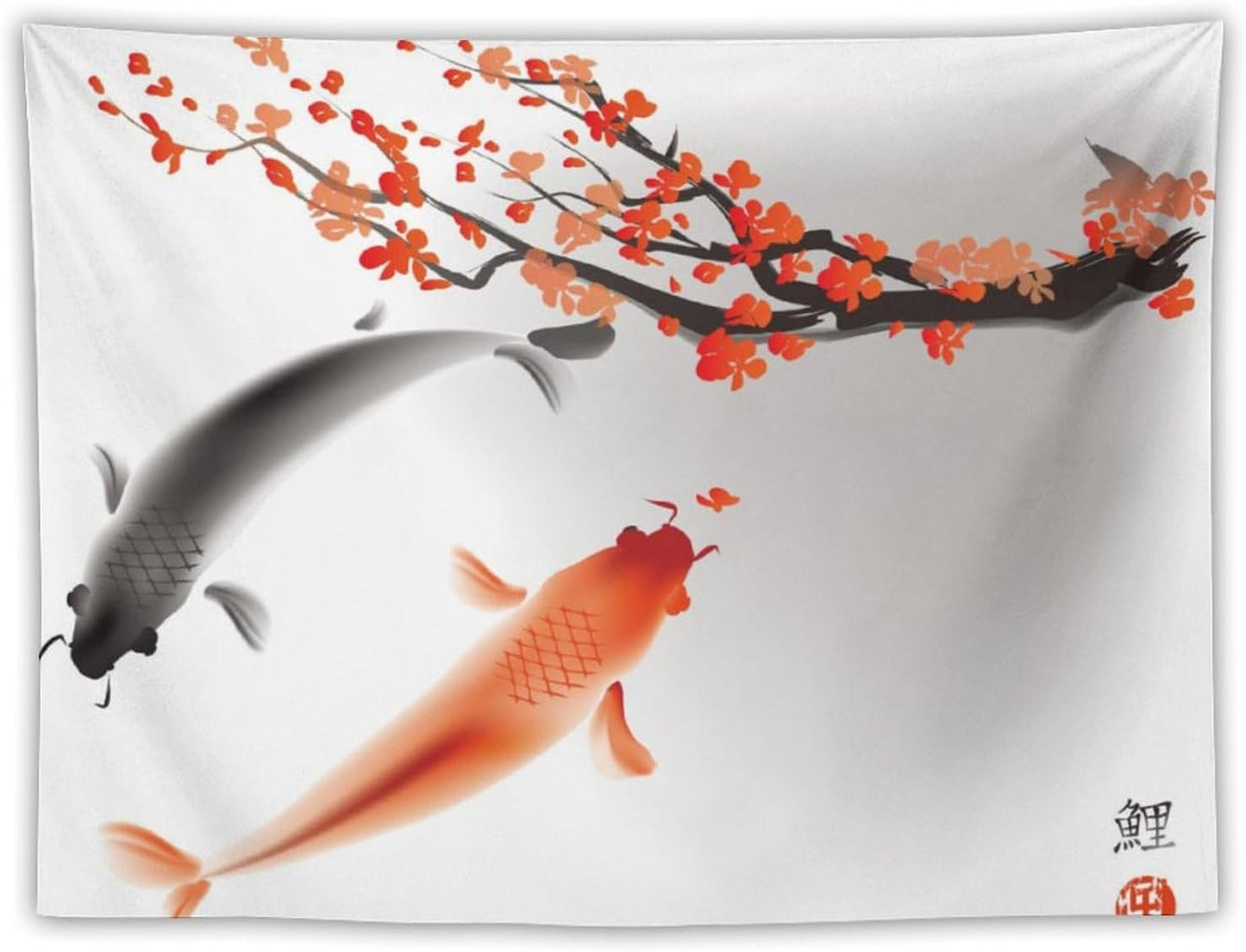 Japanese Koi Fish Tapestry, Cherry Blossoms Asian Oriental Flower Branch Koi Fish Carp Tapestries Wall Hanging for Bedroom Living Room Office Decor 60"x40"