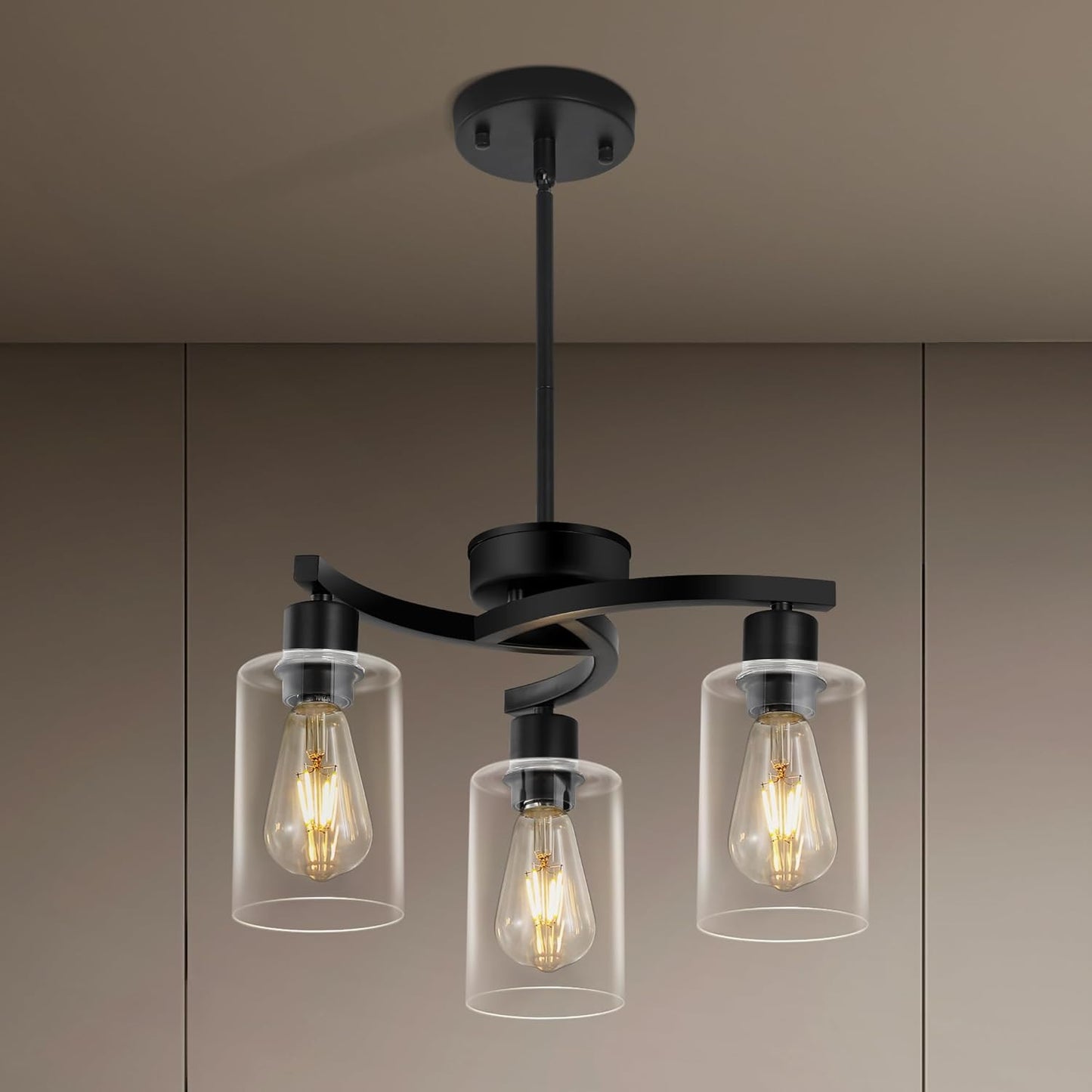 3 Light Modern Dining Chandeliers Over Table，Black Light Fixture for Dining Room，Farmhouse Chandelier with Glass Shade，Industrial Pendant Lighting for Kitchen Island，Foyer,Hallway, Bedroom