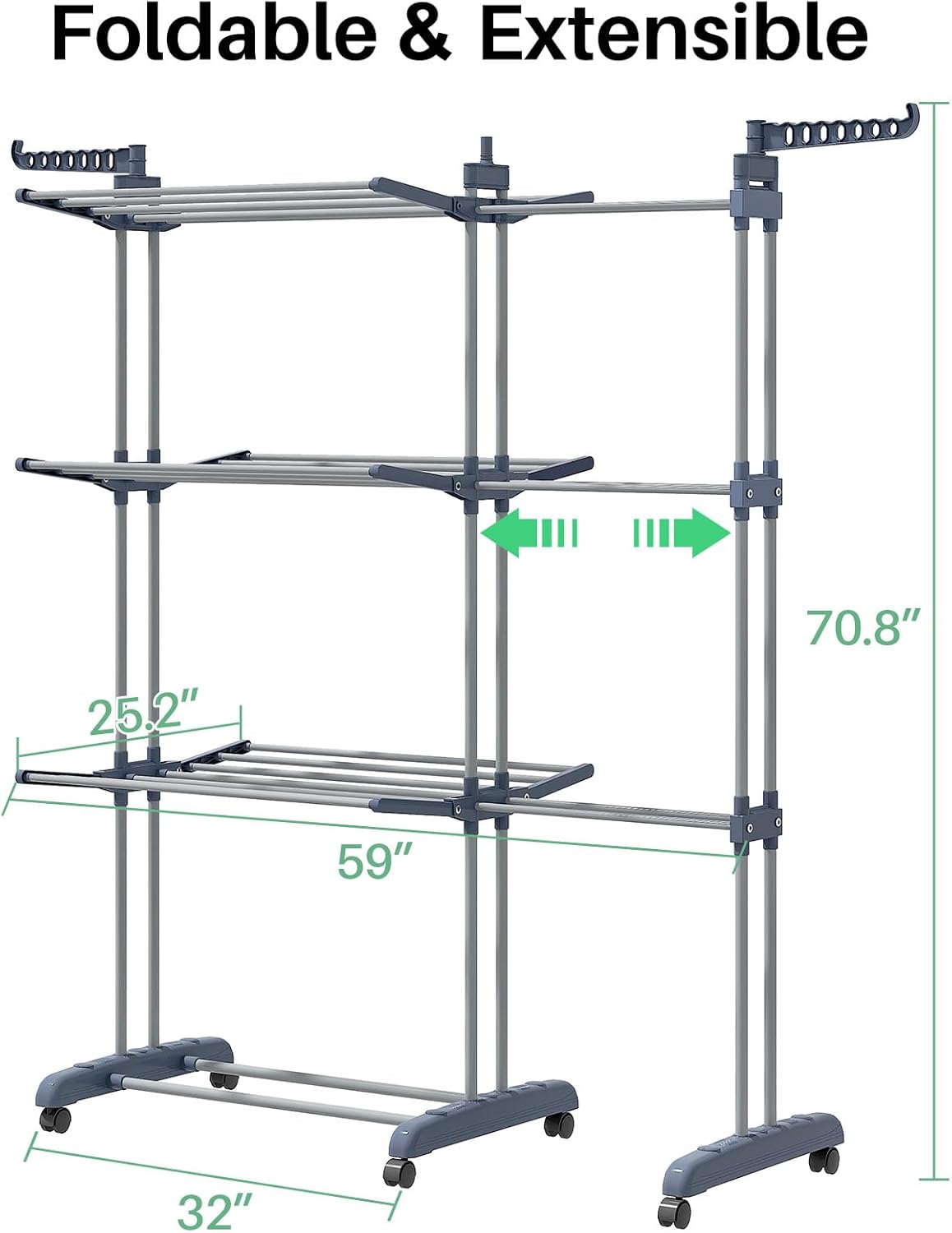 Kitstorack Clothes Drying Rack - Foldable Movable Clothes Rack Drying 30.0" W to 59.0" W Extensible Drying Rack Clothing Oversized 4-Tier Stainless Steel Large Clothes Rack Drying Indoor and Outdoor