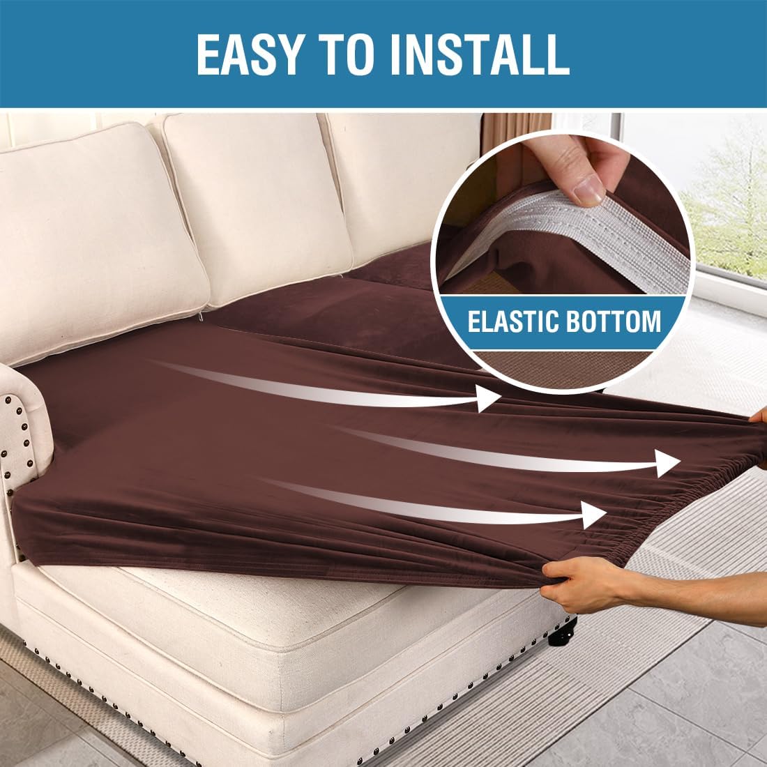 H.VERSAILTEX Velvet Stretch Sectional Couch Covers - 4 Piece L Shape Sofa Seat Cushion Set for 3 Seater + 1 Chaise (Brown)