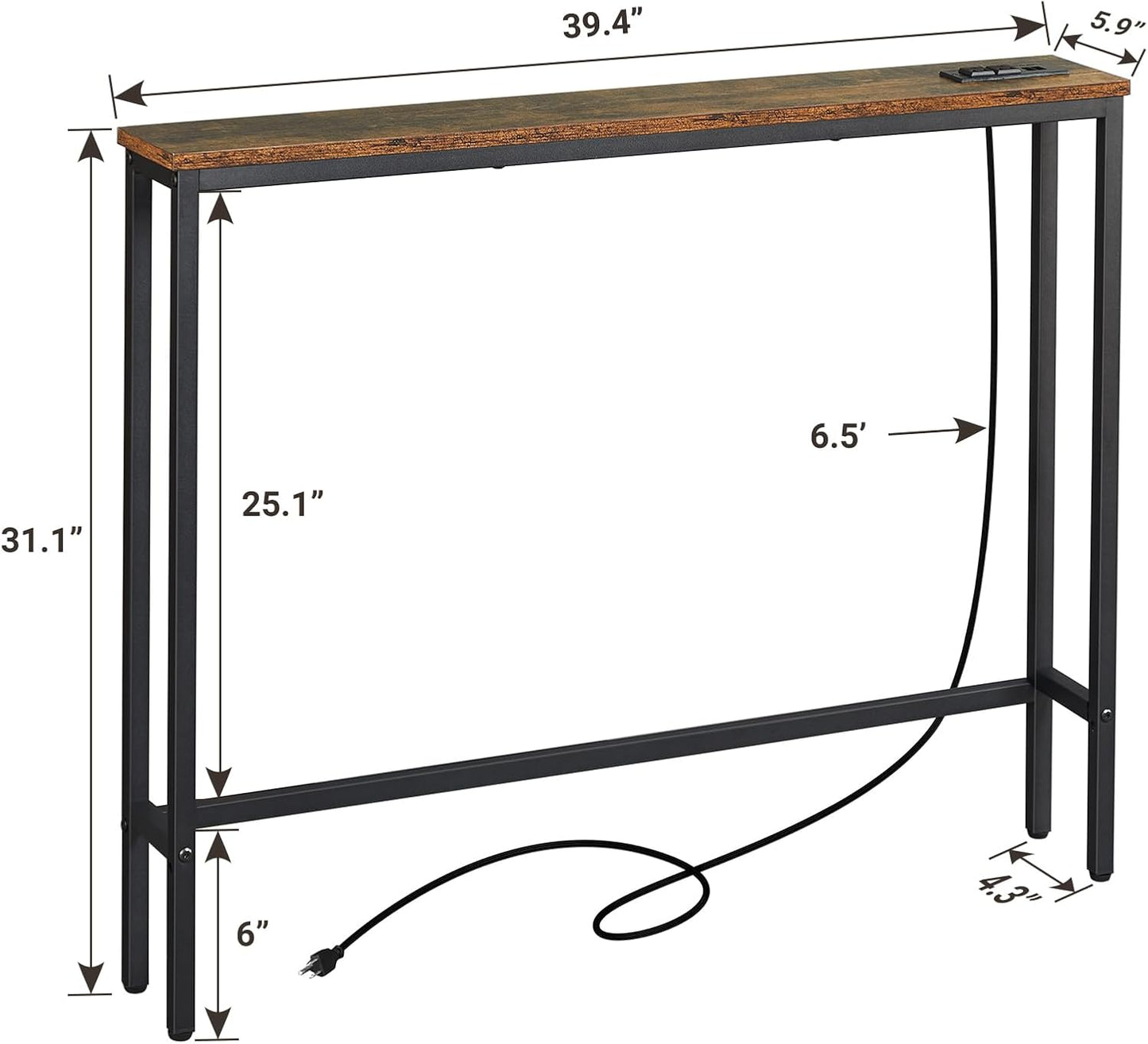 ELYKEN 5.9" Narrow Console Sofa Table with Power Outlets and USB Port, 5.9" Dx39.4 Wx31.1 H Long Behind Couch Table with Metal Frame and 6.5’ Extension Cord, Rustic Brown
