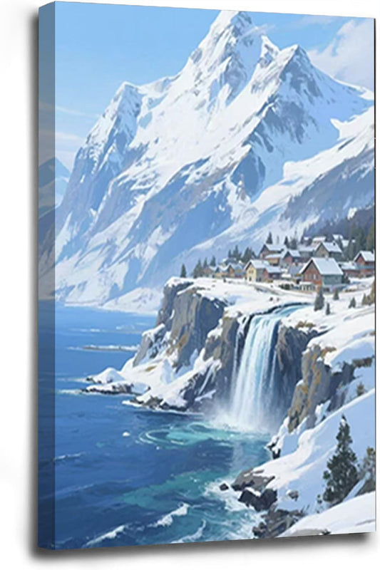 Winter lakeside town and snowy scenery merge together to form a landscape poster wall art suitable for living room bedroom and office