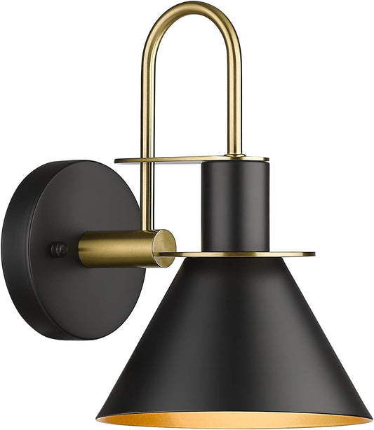 Black Wall Sconce, HWH Industrial Indoor Wall Light Fixture, Single Wall Vanity Light Gooseneck Barn Wall Sconce Lamp for Bedroom Kitchen, Black and Gold Finish, 5HZG56B-L BK+BG