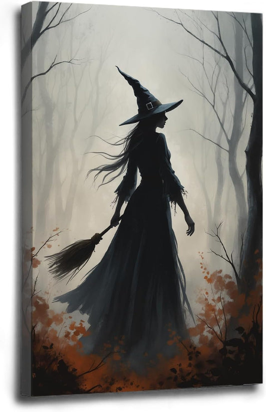 Vintage forest witch silhouette poster Halloween mural poster decoration mural art magic suitable for home living room bedroom20x30in Wood Framed
