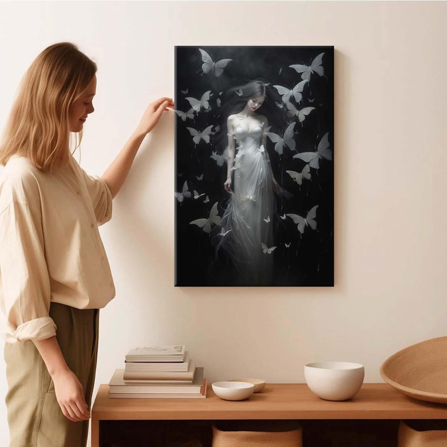 Vintage Gothic Feminine Canvas Wall Art Print Butterfly Poster Moody Female Wall Art Retro Artwork Dark College Decor for Home Bedroom24x36in Wood Framed