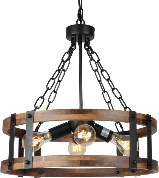 Farmhouse Rustic Wood Chandelier, 4-Light Industrial Drum Chandelier for Dining Room Vintage Pendant Hanging Light Fixture with Black Metal Accent for Kitchen Living Room Dining Area