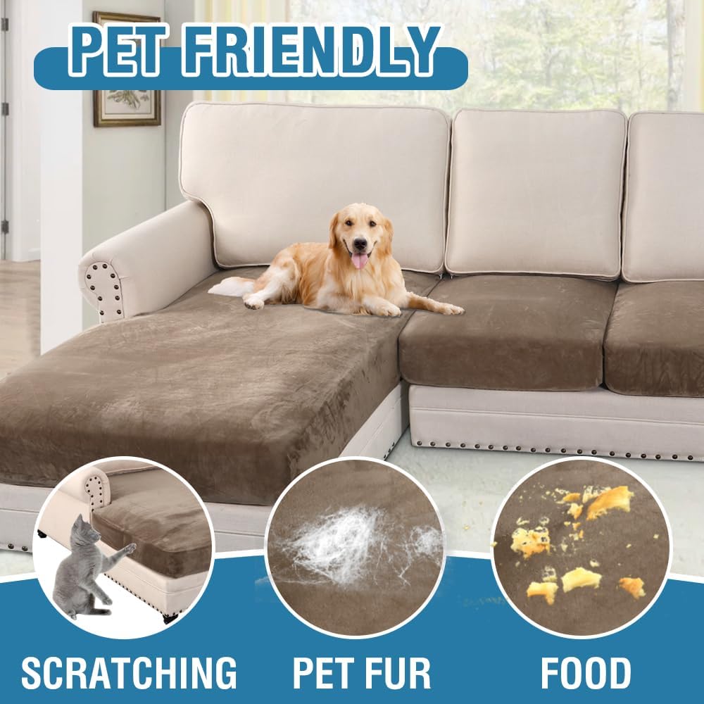 H.VERSAILTEX Velvet Stretch Sectional Couch Covers 3 Pieces Sofa Seat Cushion Covers L Shape Separate Couch Cover for Both Left/Right Sectional Couch (Large Sofa 2 Seater + 1 Chaise, Mocha)