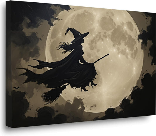 Full moon witch silhouette poster witch on magic broom Halloween mural poster decorative mural art suitable for home living room bedroom28x40in Wood Framed