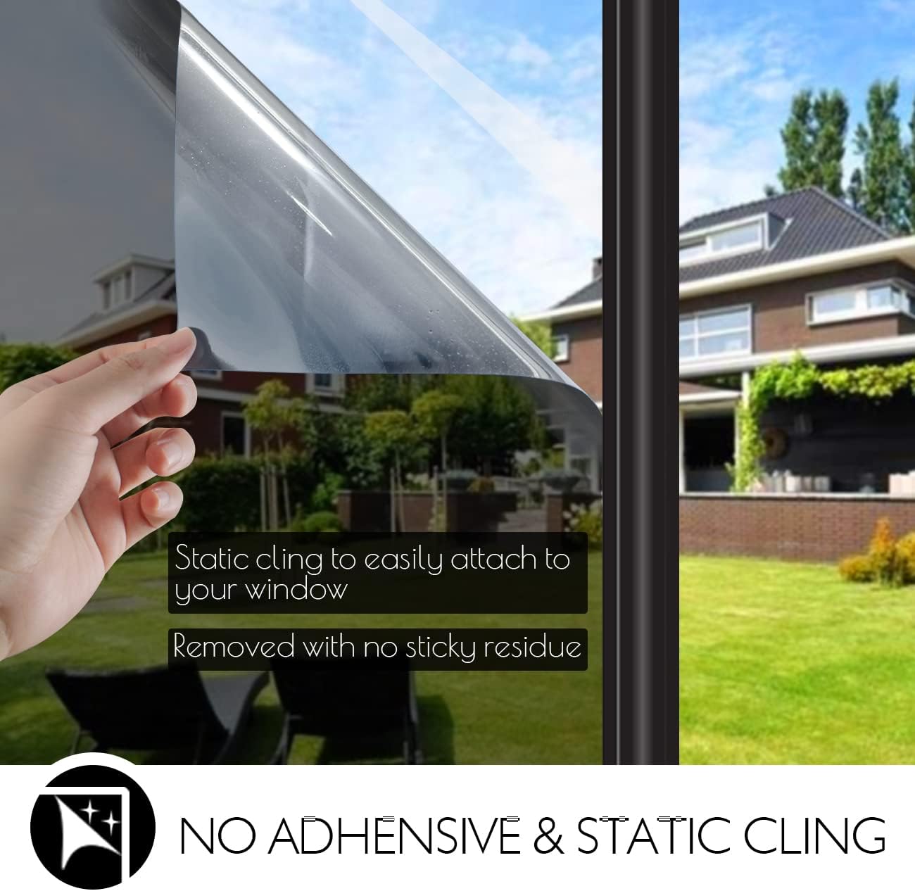 HIDBEA One Way Privacy Window Film, Daytime Mirror Reflective Heat Control UV Sun Blocking Non-Adhesive Static Cling Window Tint for Home and Office(Black-Silver, 45.2 Inch x 13.1 Feet)