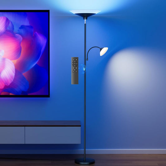 RGB Torchiere Floor Lamp - 2 Way Dimmable LED Standing Lamp with Remote&Button Control, 34W Rotatable Floor Reading Light, 72'' Tall Modern Corner Lamp for Living Room Bedroom Office, Black