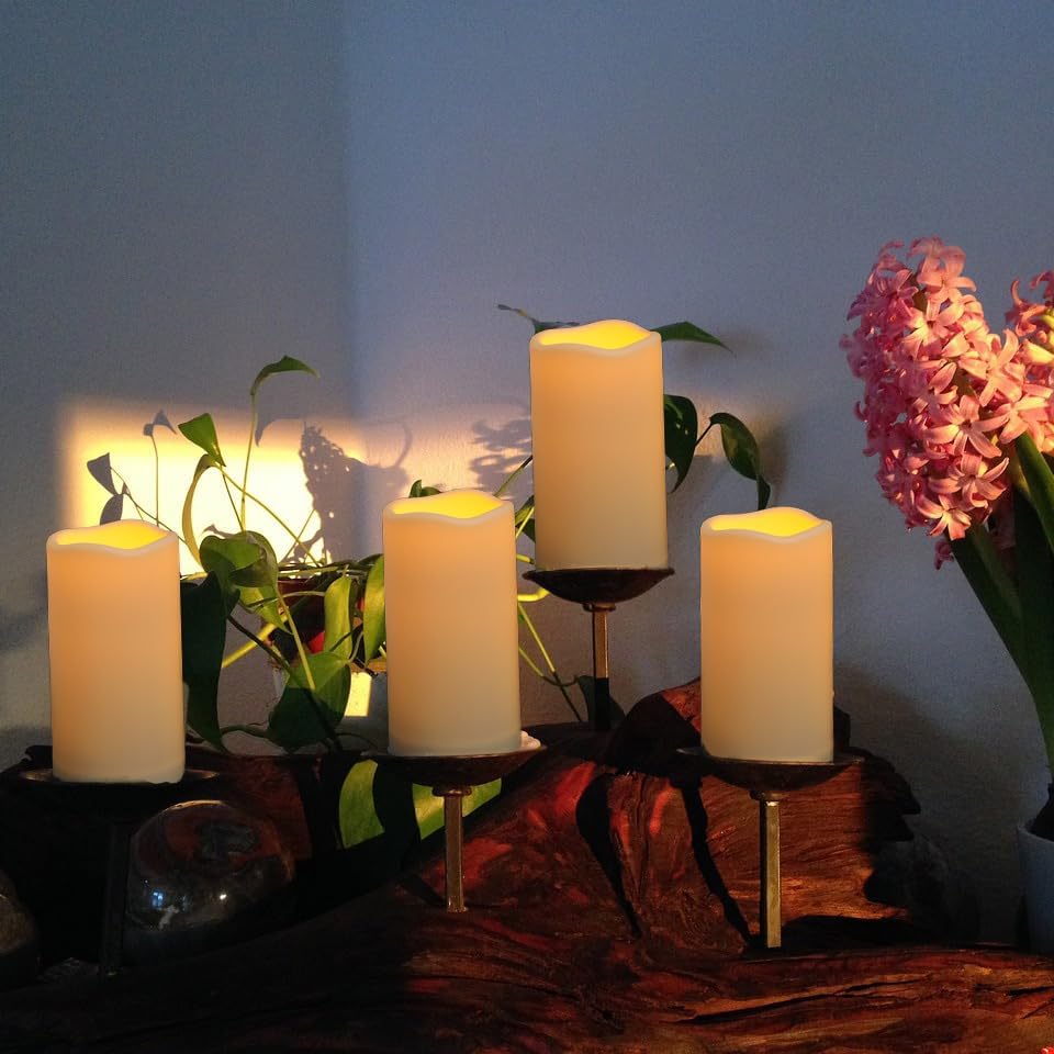 9PACK Outdoor Plastic flameless Candles with Remote Control and Timer, LED Flickering Battery Operated Electric Pillar Candles (D3 xH5.5) for Camping, Weddings, Home Decoration