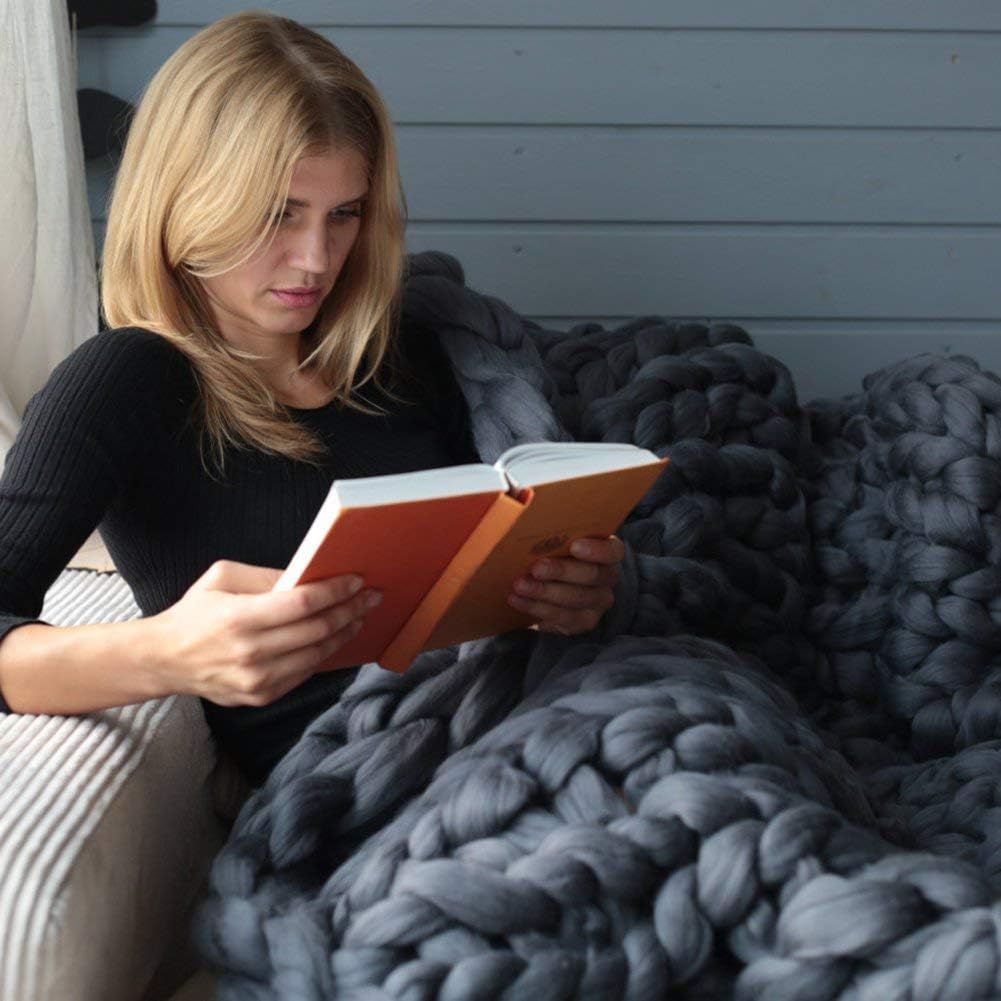Chunky Knit Throw Bulky Merino Sofa Blanket Hand-Made Super Large Chair Mat Rug(Dark Gray 40"x60")