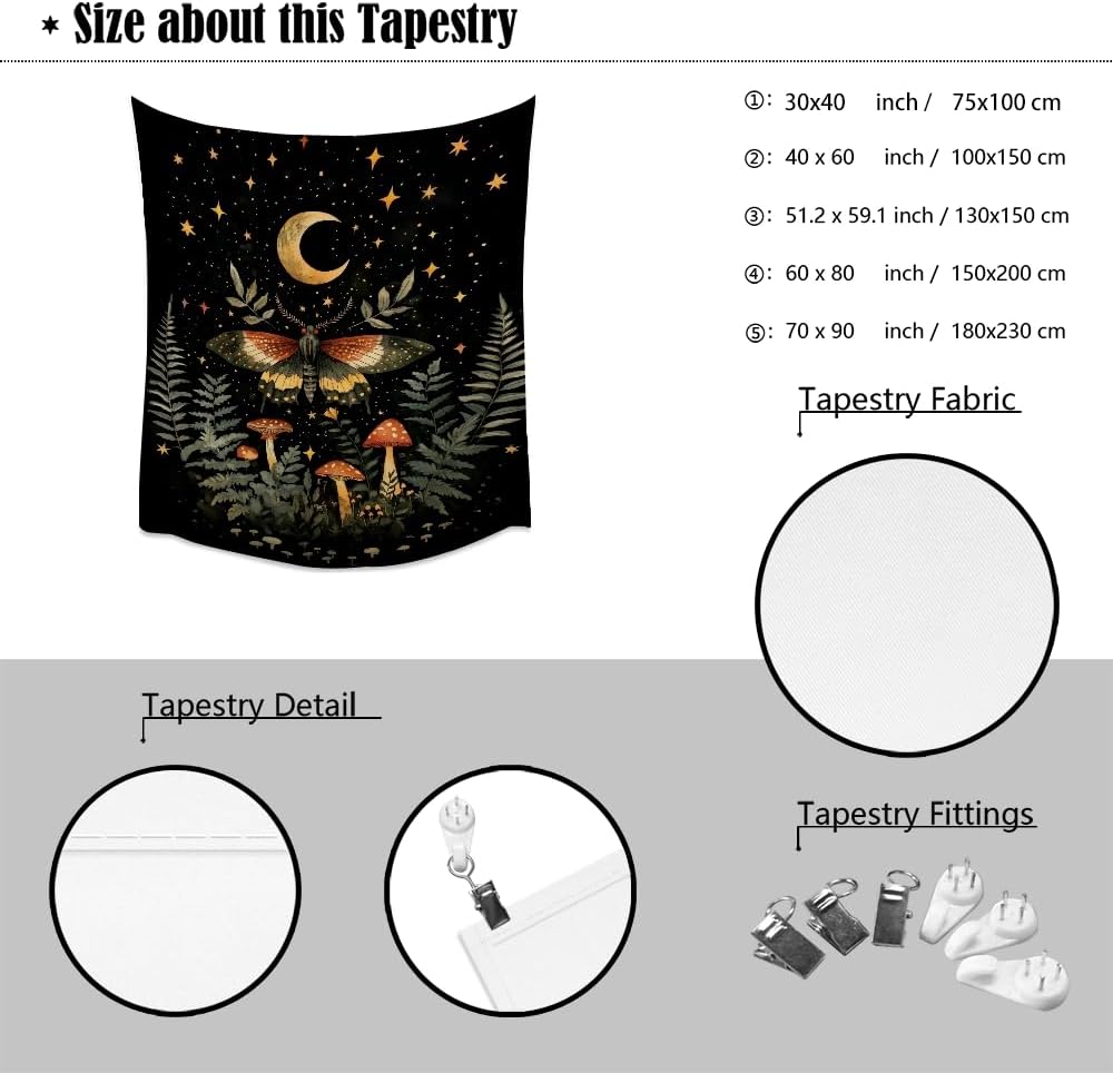 Mystical Moth Mushroom Tapestry Dark Academia Aesthetic Wall Hanging Decor Moon Star Witchy Print Butterfly Enchanted Forest Tapestries for Home Bedroom Living Room Office Decor 60x80inch