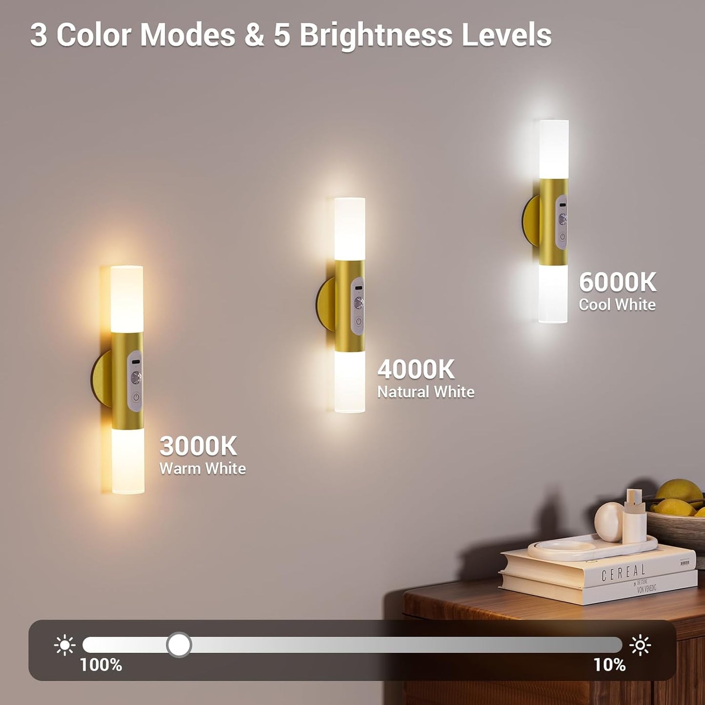 Motion Sensor Wall Sconces with Remote Control, LED Rechargeable Battery Operated Wall Lights Set of Two for Living Room, Indoor Wireless Wall Lamps for Bedroom, Hallway, Stair, Gold 2 Pack