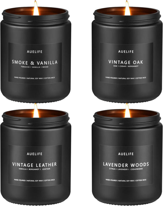 Scented Candles Set | Men Candle Set, Scented Candles for Home, Gifts for Men Aromatherapy Gift Set - 4 Pack Manly Gifts for Dad Fathers Day, Soy Candle of Leather/Smoke & Vanilla/Oak/Lavender