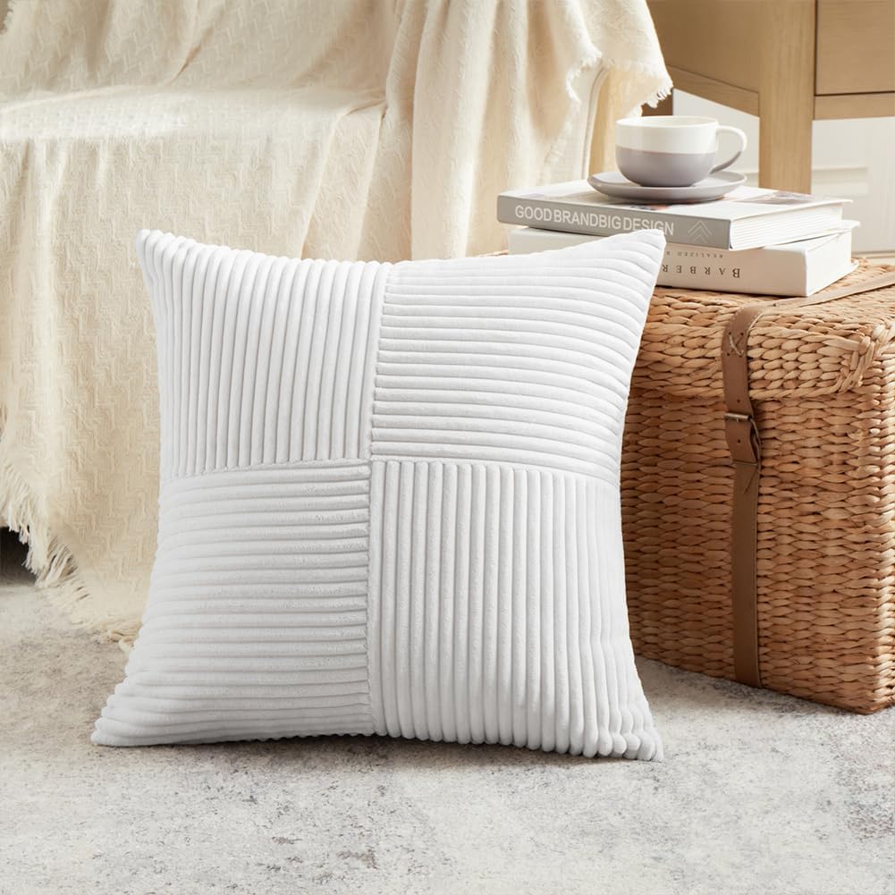 Fancy Homi 2 Packs Pure White Decorative Throw Pillow Covers 20x20 Inch for Living Room Couch Bed Sofa, Rustic Farmhouse Boho Home Decor, Soft Corss Corduroy Patchwork Accent Cushion Case 50x50 cm