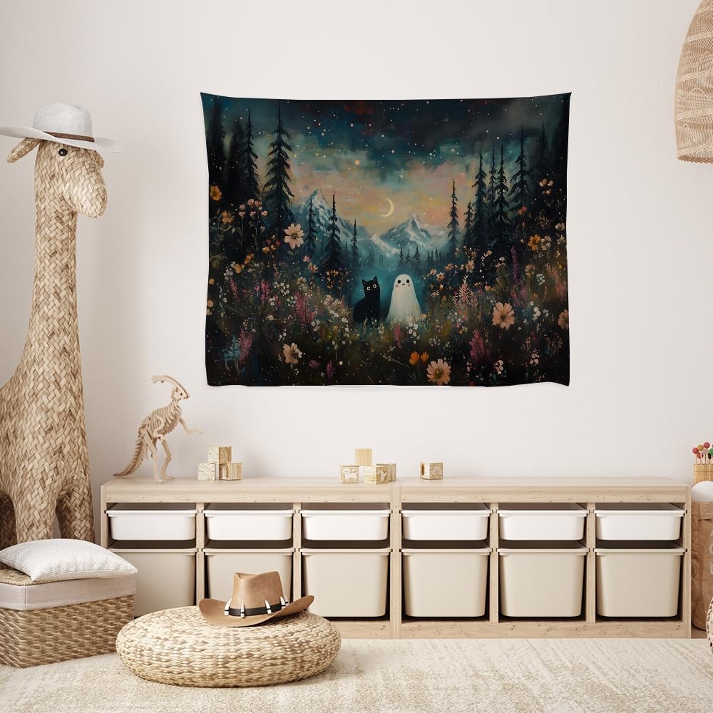 Whimsical Halloween Tapestry Wall Hanging Ghost and Black Cat in Magical Forest Wildflowers Meadow Tapestry Art Print Charming Spooky Fall Season Tapestries for Living Room Bedroom Decor 40x60inch