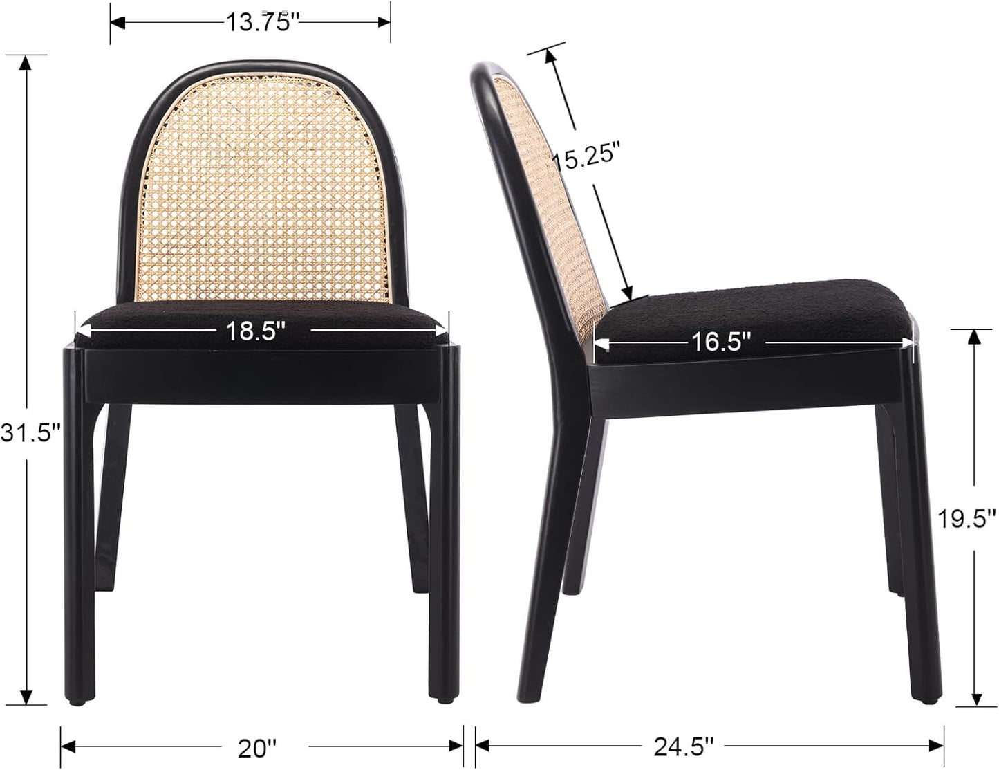 Mid Century Dining Chairs Set of 2, Accent Rattan Sherpa Fabric Side Chairs Kitchen Chair with Solid Wooden Legs for Living Room Dining Room, Black