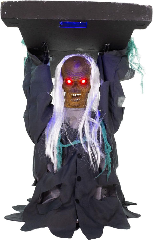 Haunted Hill Farm Tombstone Lifter by Tekky, Battery-Operated, Sound Activated Animatronic Zombie with Sound Effects and Lights for Indoor or Covered Outdoor Creepy Halloween Decoration