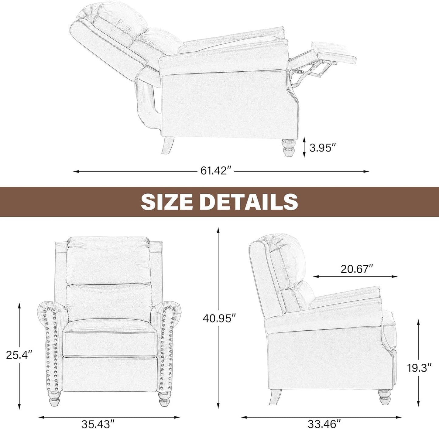 UIXE Pushback Recliner Chair, PU Leather Armchair Push Back Accent Chair for Living Room, Rivet Trim Club Chair Home Theater Overstuffed Single Sofa Bedroom Reading Seat - Black
