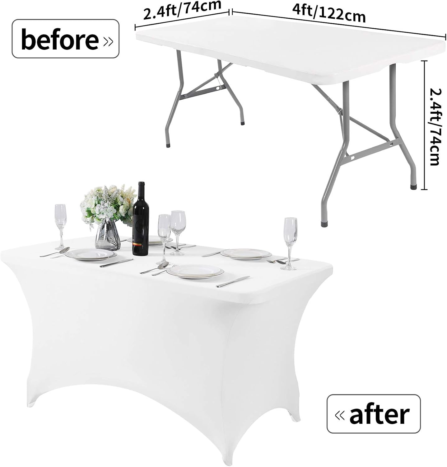 2Pack Spandex Table Cover for 4FT or 6ft or 8ft Table Universal Fitted Stretch Tablecloth for Party, Banquet, Wedding and Events-White