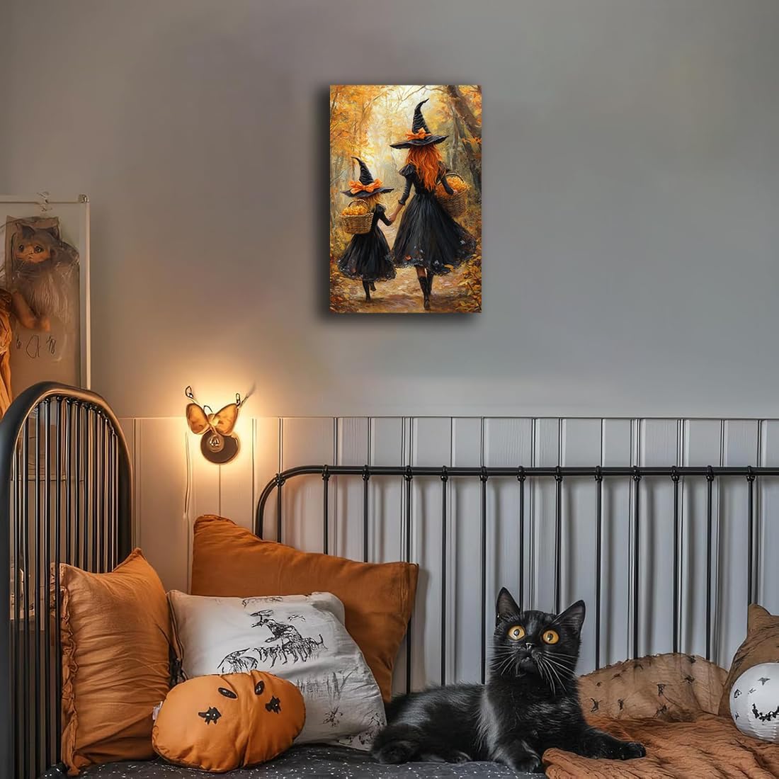 Mother Witch And Child Daughter Witch Wall Art,Halloween Autumn Woodland Forest Path Picture,Family Room Nursery Playroom Kids Room Decor,24"x36" Framed