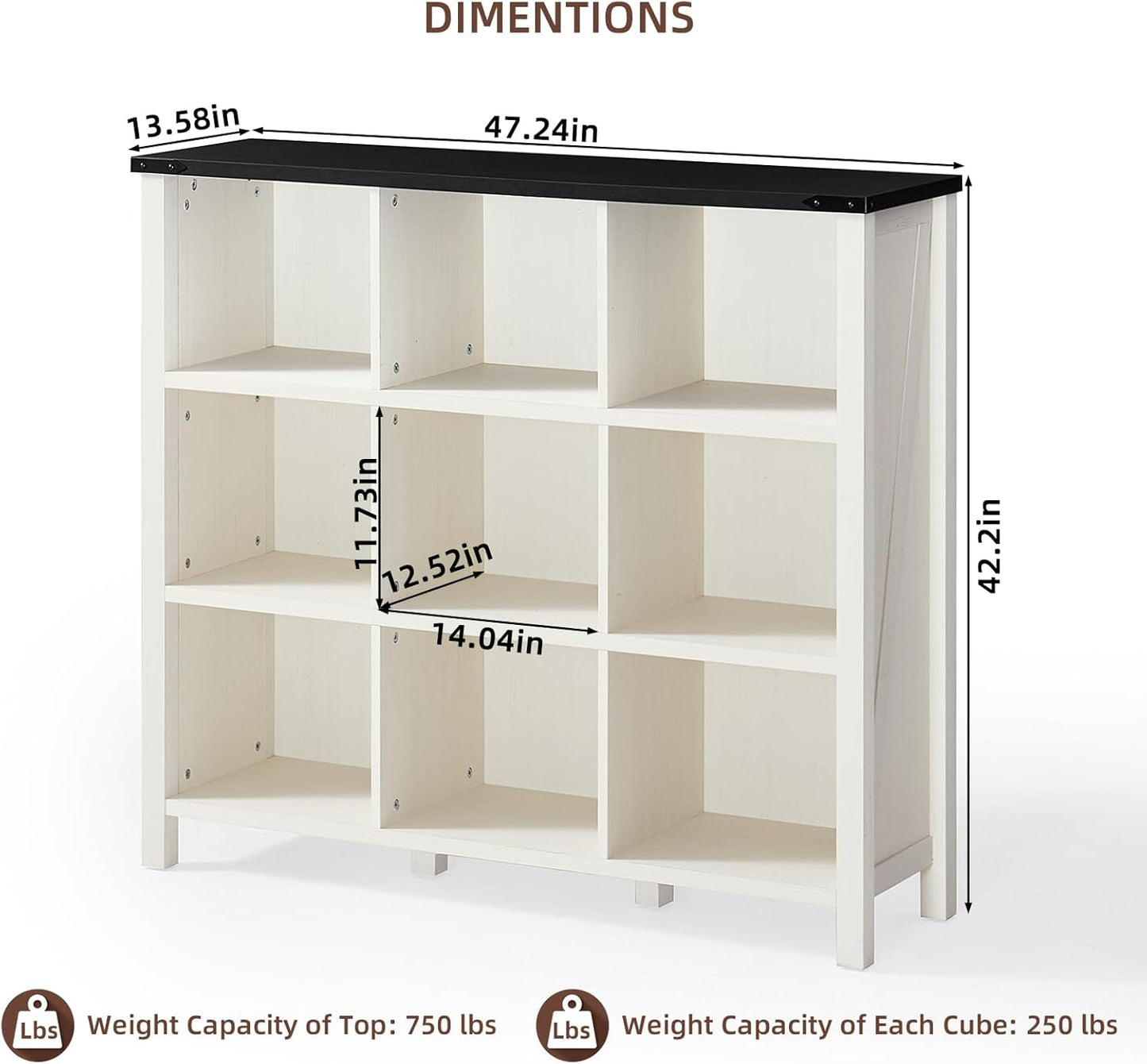 9 Cube Bookcase, Farmhouse 47 Inch Wide White Bookshelf, Wooden 3 Tier Display Large Open Book Shelf, Vintage Horizontal Book Case for Home Office, Cubby Storage Cabinet for Living Room
