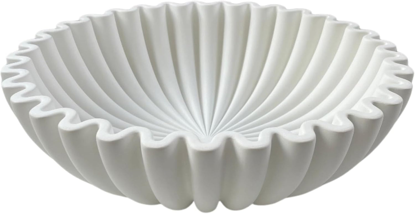 OAKOA Concrete Decorative Bowl - White Large Decorative Bowls for Home Decor - Coffee Table Bowl Decor - Scalloped Ruffle Centerpiece Bowl