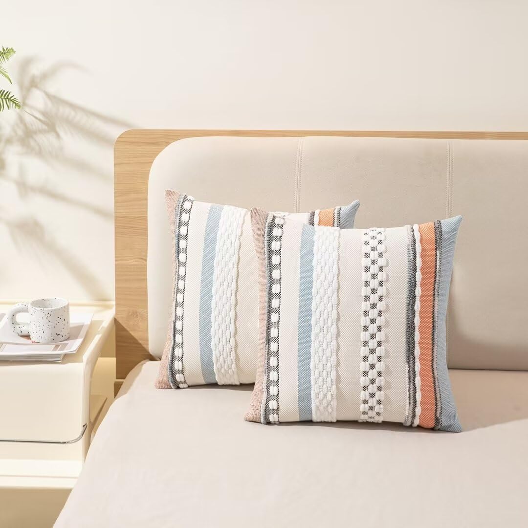 Boho Throw Pillow Covers 18x18 Set of 2 Farmhouse Decorative Cushion Case Striped Square Pillows Cover Chenille Pillow Cases Accent Neutral Pillowcase for Sofa Couch Bed,Orange-Blue