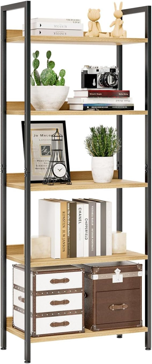 NUMENN Bookshelf, 5 Tier Bookshelves, Home Office Bookcase Shelf Storage Organizer, Free Standing Storage Shelving Unit for Bedroom, Living Room and Home Office, Natural