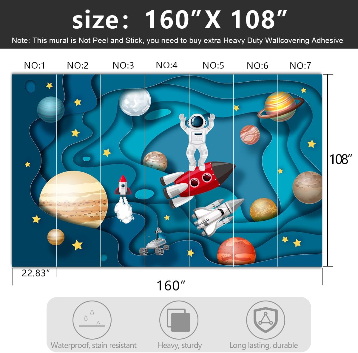 -Kindergarten Children Galactic Planet Fabric Wallpaper Living Room Bedroom Boys Girls Children Cartoon Astronauts Large Mural- 160"x108"（ not Peel and Stick）
