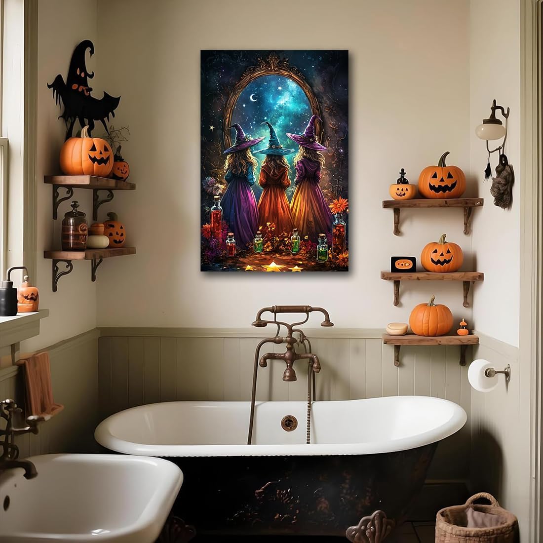 Witch Poster Halloween Fall Wall Art Decor,Three Witches with Magic Potion Mirror Colorful Vintage Print,Dark Academia Spooky Canvas Art Prints for Home Living Room,24"x36" Unframed