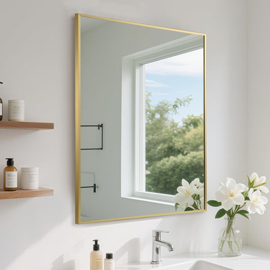 FARMER 22x30 Inch Gold Bathroom Mirror, Rectangle Wall Mounted Mirror, Vanity Mirror, Brushed Square Mirror, Framed Bathroom Mirror for Bedrooms, Entryways, Living Rooms, Horizontal/Vertical