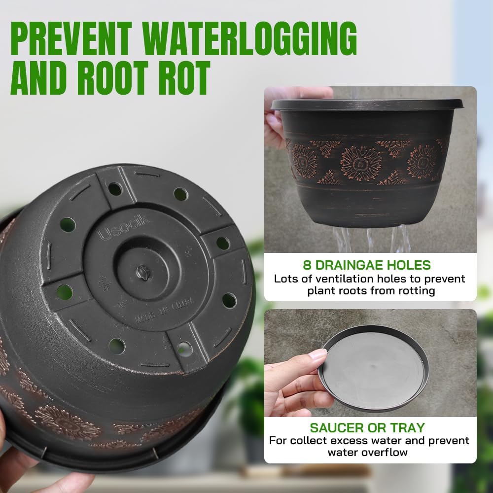 6 Pack 8 inch Plant Pots, Retro Pattern Planters with Drainage Holes and Saucer, Sturdy Plastic Garden Flower Pots for Indoor & Outdoor Plants