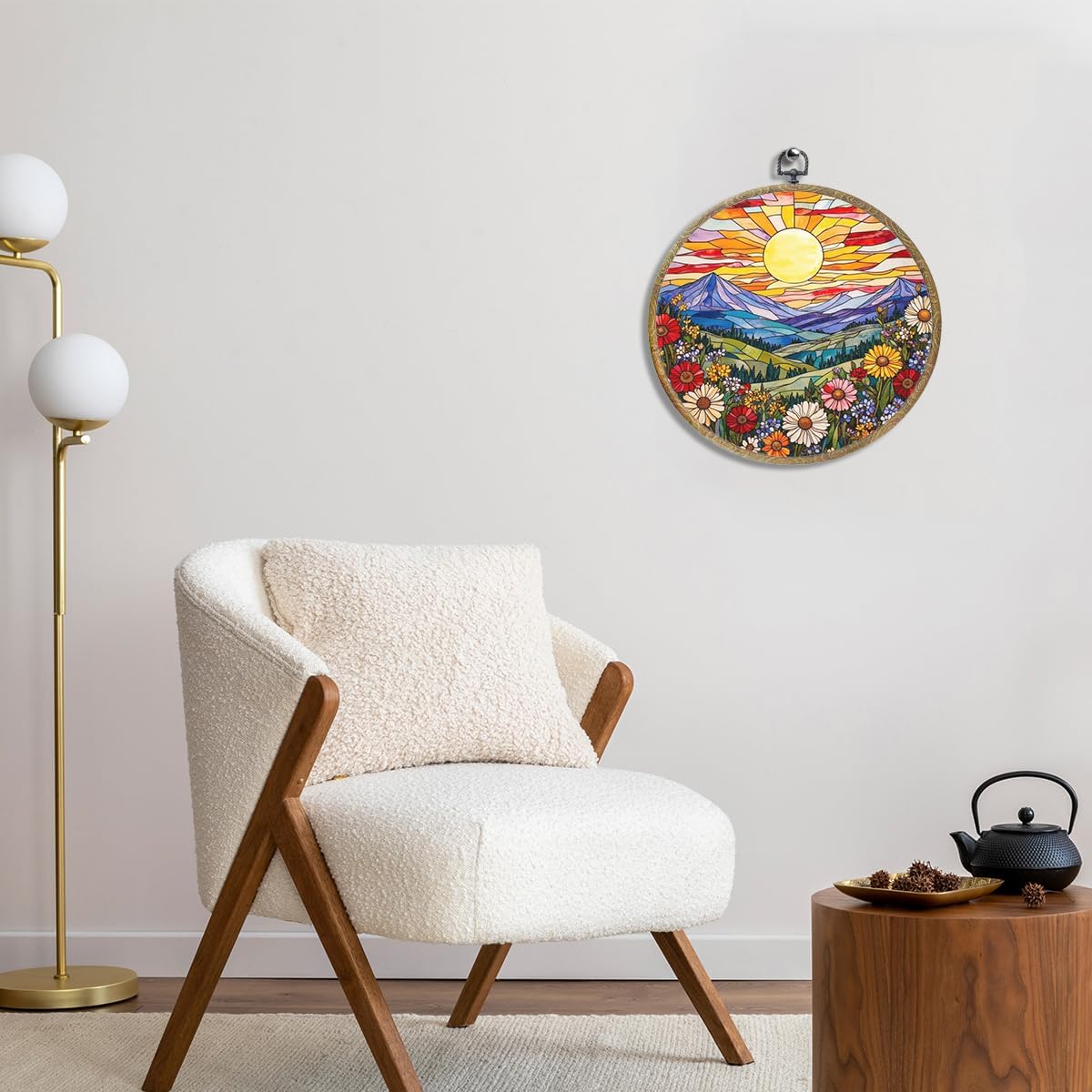 Wildflowers Sunset Flower Floral Garden Decor, Gift for Mom, Nature Lover Gift Framed Round Wall Decor Canvas Wall Art Hanging Prints Artwork for Home Living Room Office Decorations 10.2X10.2 Inch