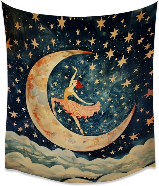 Dancer on the Moon Tapestry Starry Night Sky Art Print Dark Academia Gothic Aesthetic Wall Hanging Stars Moon Clouds Tapestries Whimsical Wall Decor for Nursery Bedroom 40x60inch