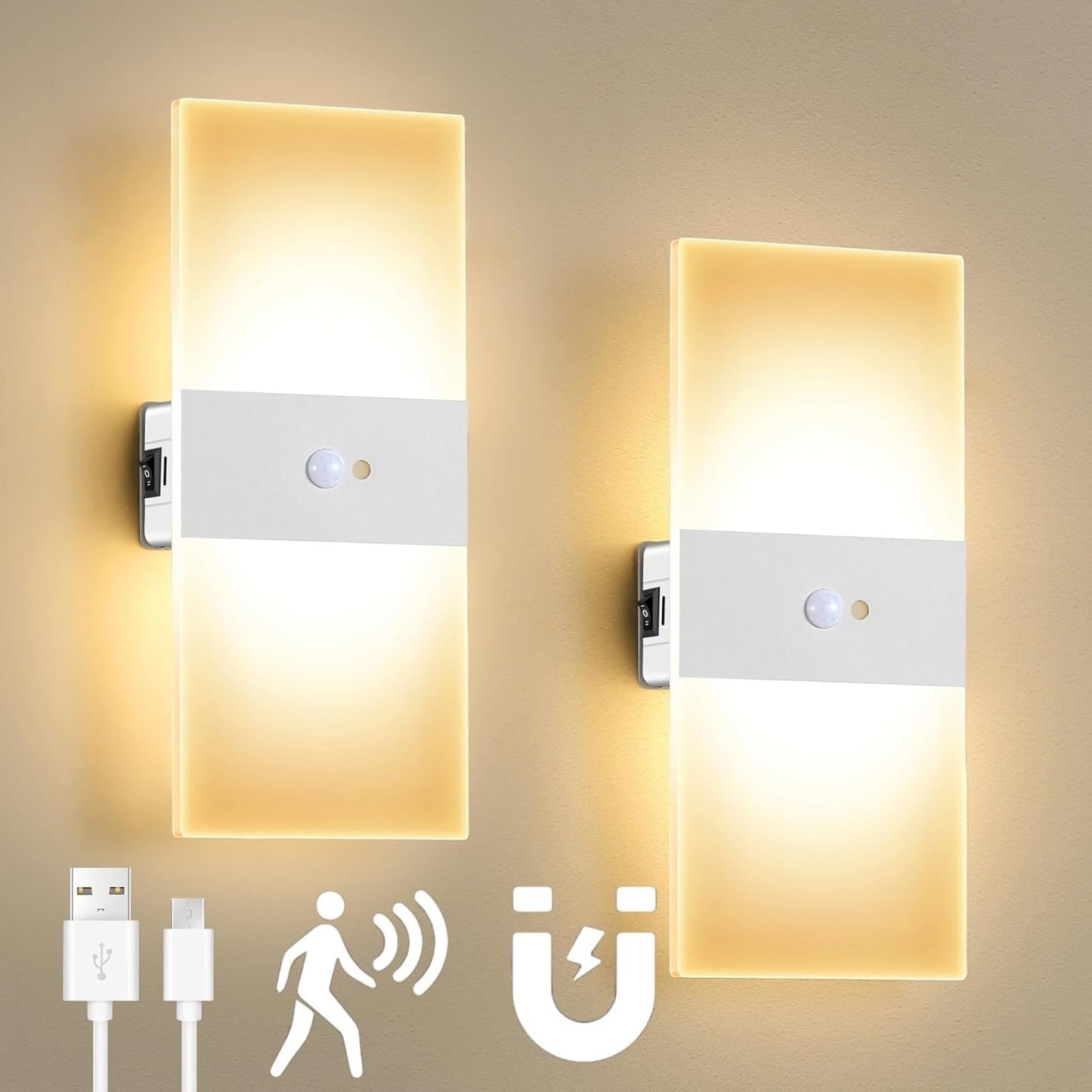 2pcs Motion Sensor Wall Sconces, Battery Operated Wall Sconce, Indoor Rechargeable USB Wall Light, Magnetic Wireless Warm White Energy Saving Wall Lamp for Hallway, Staircases, Living Room