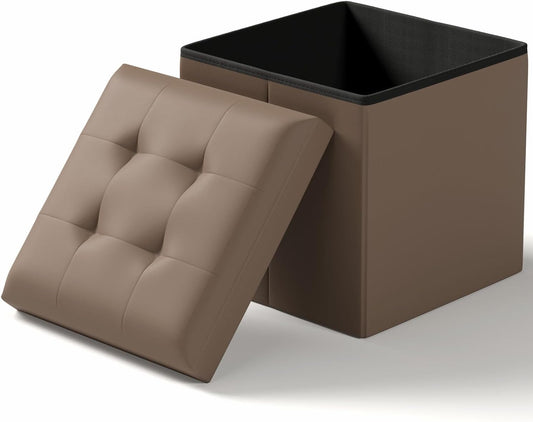 15 Inches Small Folding Storage Ottoman Cube, Storage Footrest, Foot Rest Stool, for Living Room, Bedroom, Dorm, Hallway, Entryway, Brown