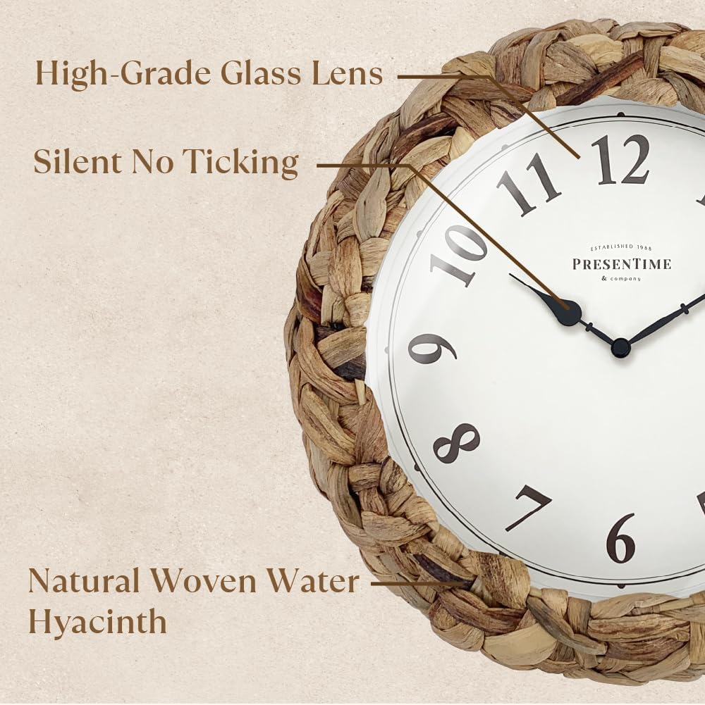 Presentime & Co Farmhouse Series, Rustic Woven Clock, 10.5 inch, Natural Woven Water Hyacinth/Sea Grass. Wall Sculpture, Wall Art and Timepiece for Home Decoration/Decoration/Farmhouse Décor.