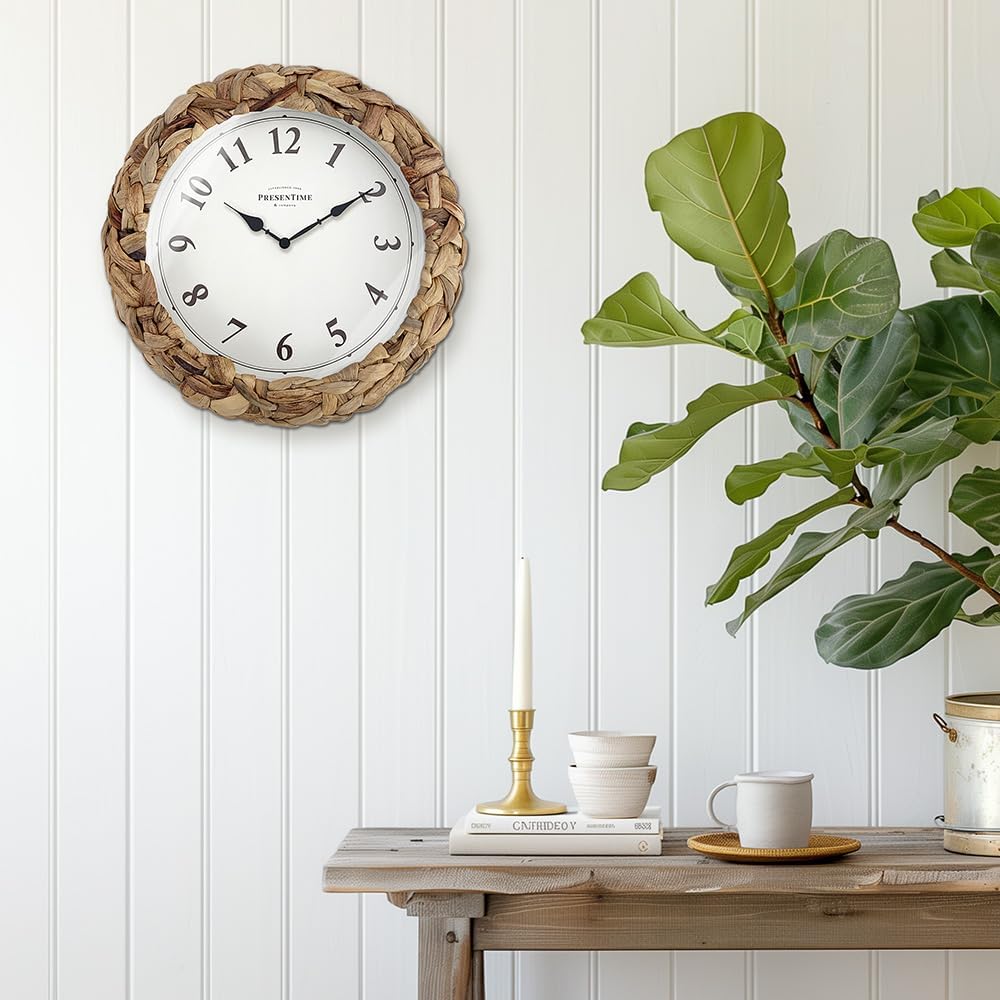 Presentime & Co Farmhouse Series, Rustic Woven Clock, 10.5 inch, Natural Woven Water Hyacinth/Sea Grass. Wall Sculpture, Wall Art and Timepiece for Home Decoration/Decoration/Farmhouse Décor.