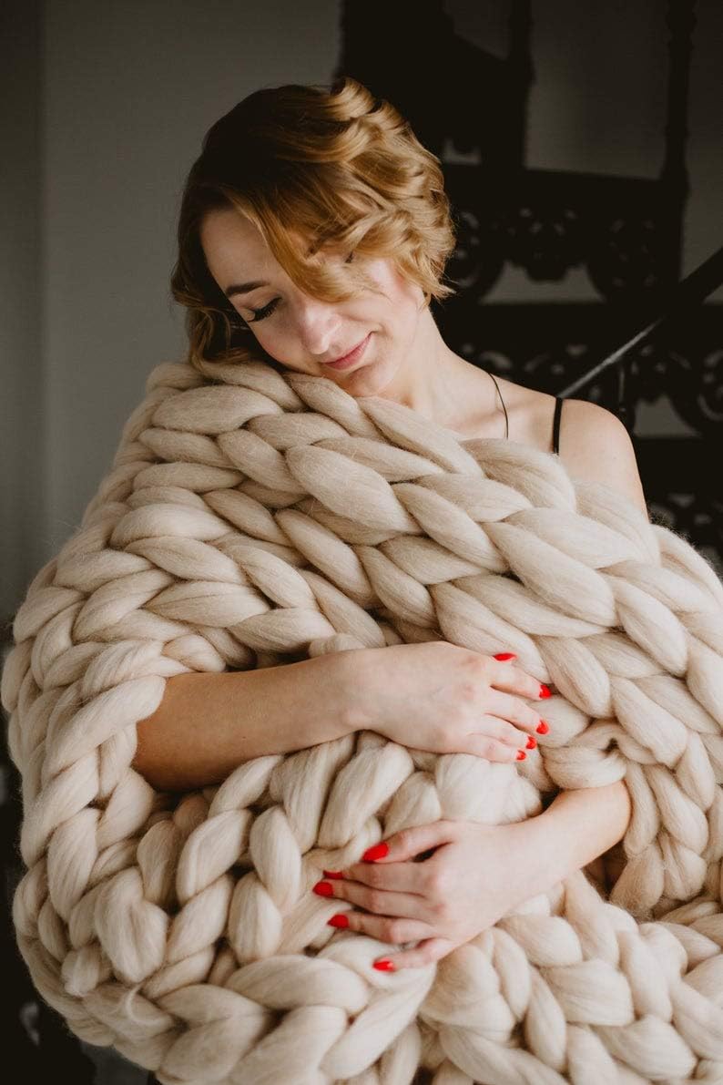 Knitted Throw Blanket for Sofa,Handmade Knit Chunky Blanket Throw Sofa Throw for Gift Sofa Bed,Chunky Knit Blanket(Camel 60"x60")