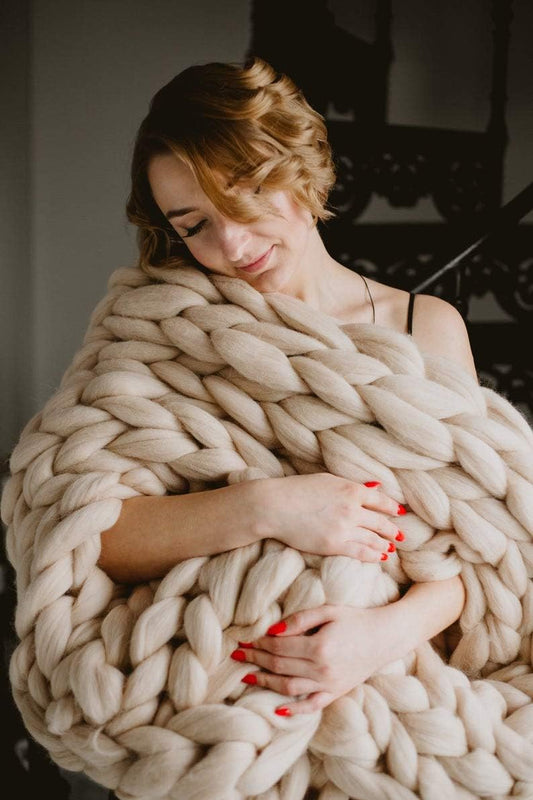 Chunky Knit Blanket Throw - Handmade, Gift Sofa Bed Blanket (Camel 47"x71")