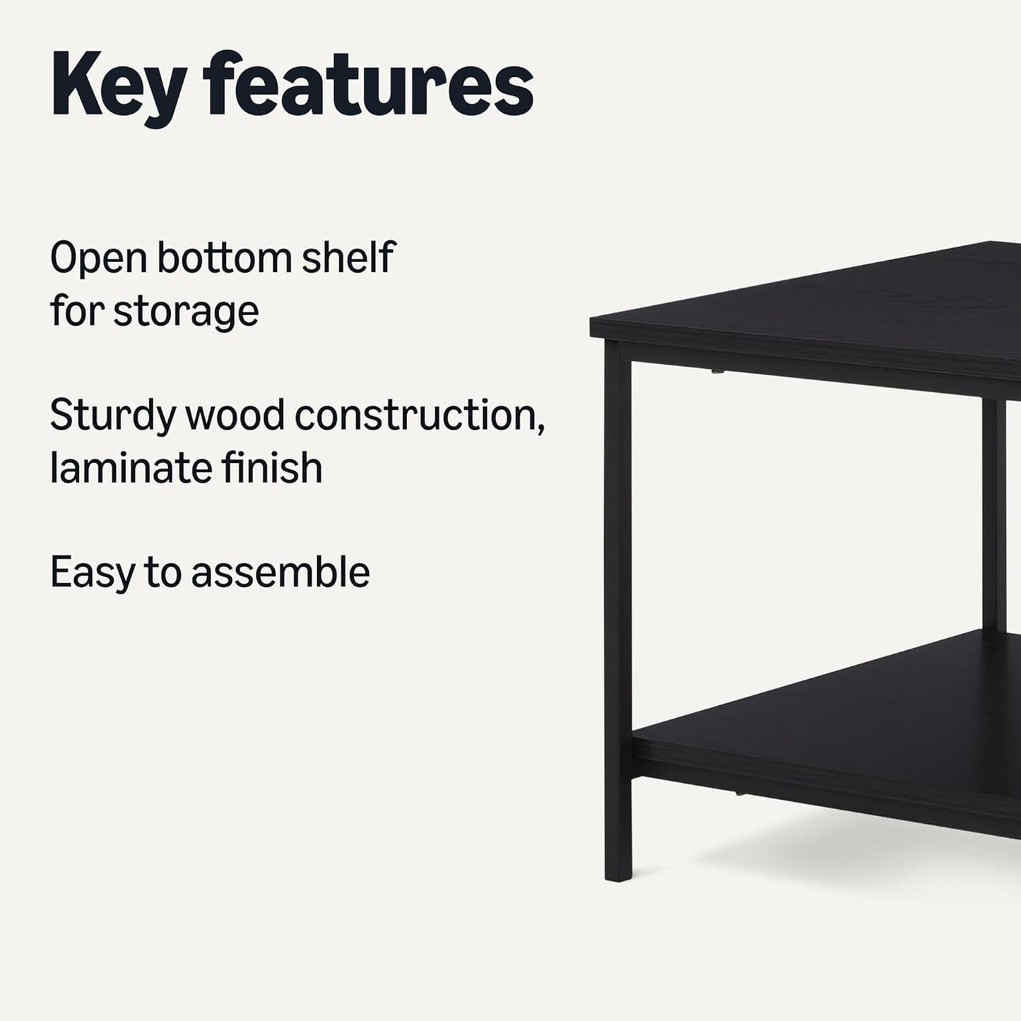 Amazon Basics Rectangular Coffee Table with Bottom Shelf, Living Room Centre Table, Wooden Black, 19.9" D x 31.5" W x 16.5" H