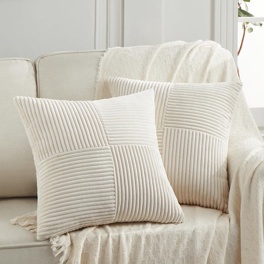 Fancy Homi 2 Packs Cream Decorative Throw Pillow Covers 16x16 Inch for Living Room Couch Bed Sofa, Rustic Farmhouse Boho Home Decor, Soft Corss Patchwork Corduroy Textured Square Cushion Case 40x40 cm