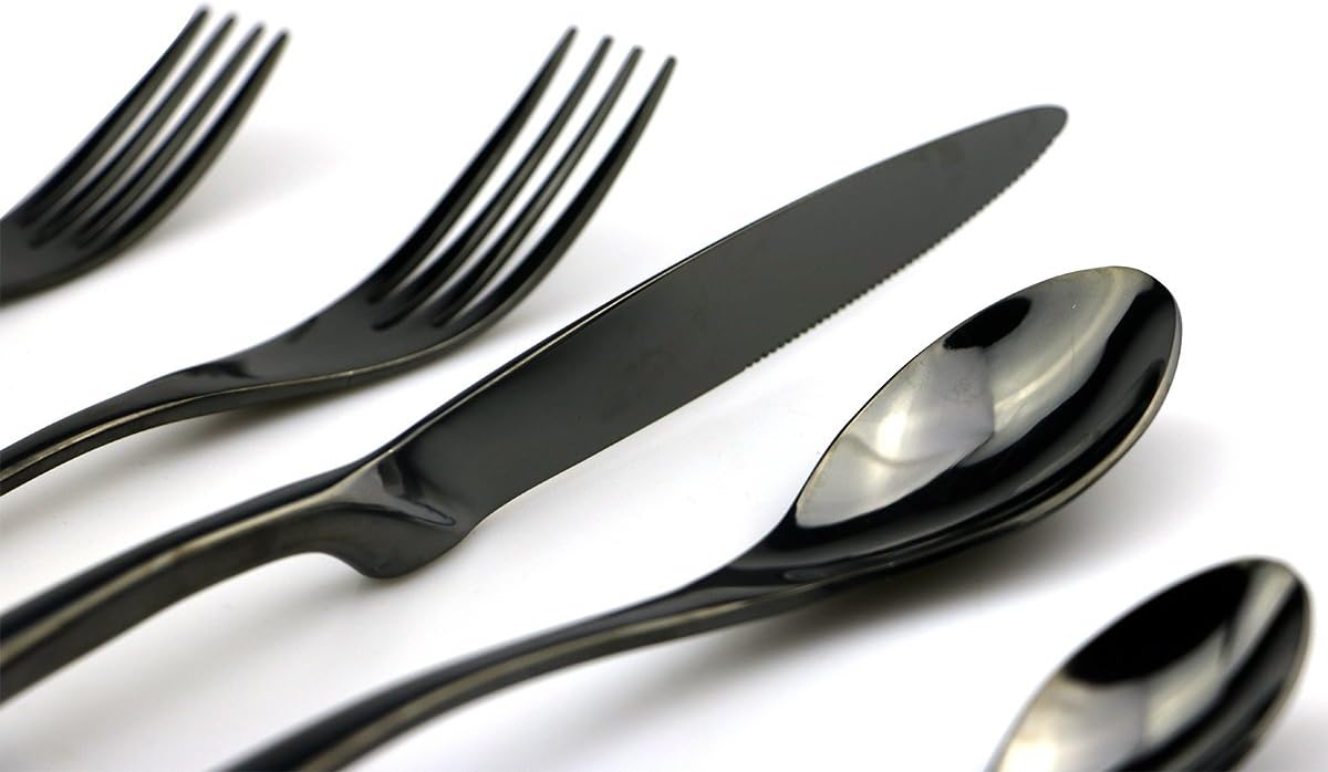 JASHII 18/10 Stainless Steel 20 Piece Mirror Polished Black Flatware Set,Dinner Knife Fork Salad Fork Coffee Spoon，Service for 4 ，Black Utensil Sets