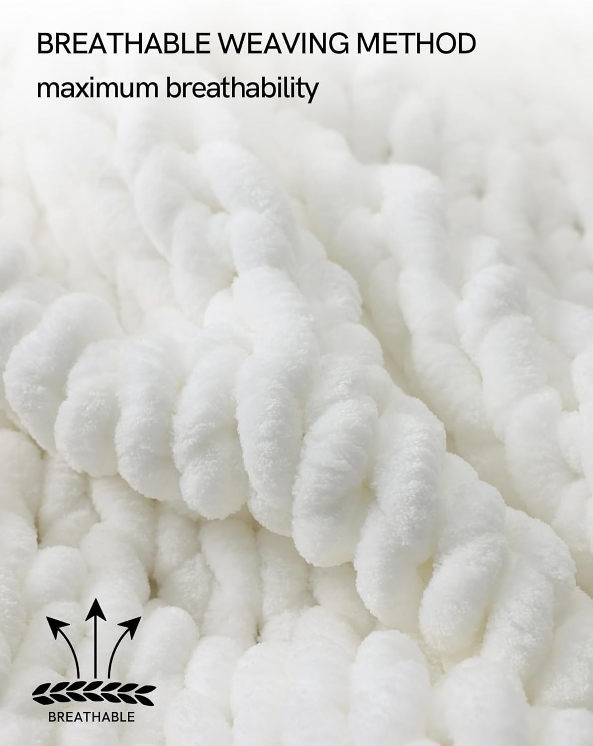 YnM Chunky Throw Blanket, Medium-Weight, Hand Knitted with Chenielle Yarn, Skin Friendly, Ventilated and Breathable, Machine Washable, Home Décor Piece for Couch, Sofa and Bed (White, 60x80 Inch)