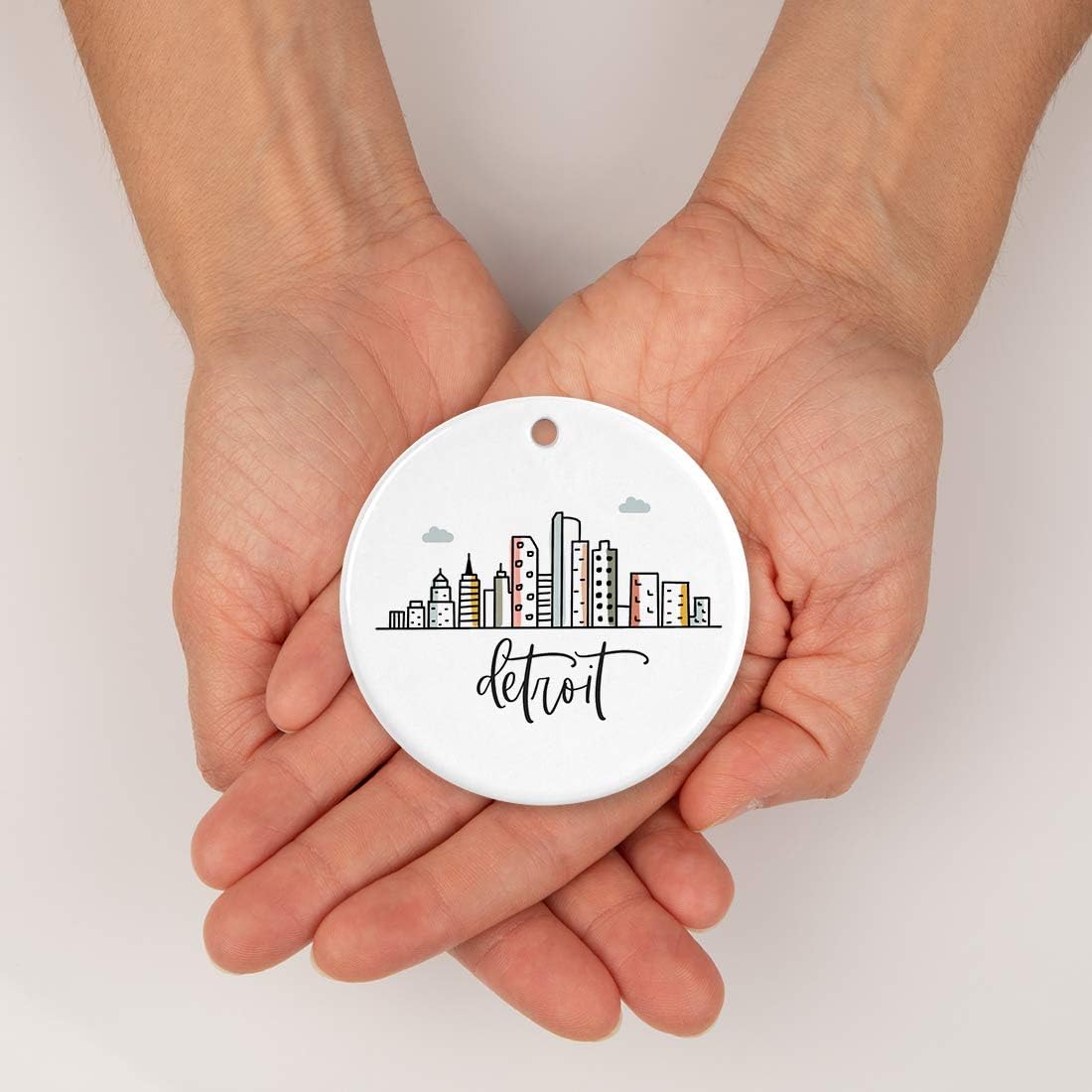 Andaz Press Round Ceramic Porcelain Christmas Tree Ornament Keepsake, Detroit Colorful City Skyline Graphic, 1-Pack, Birthday Gift Ideas Family Coworker Him Her, Includes Gift Box